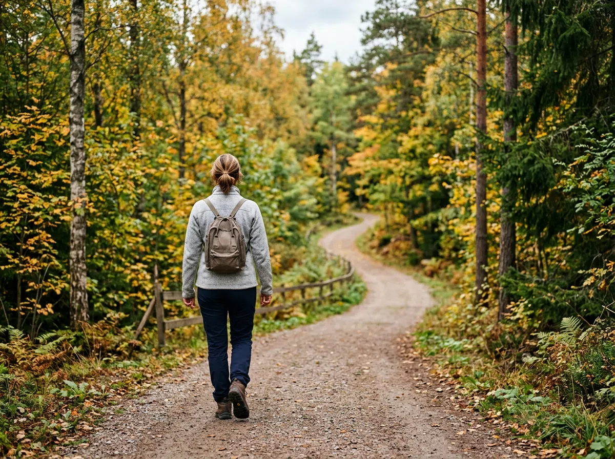 Person på promenad i skogen, anonym siluett i höstmiljö